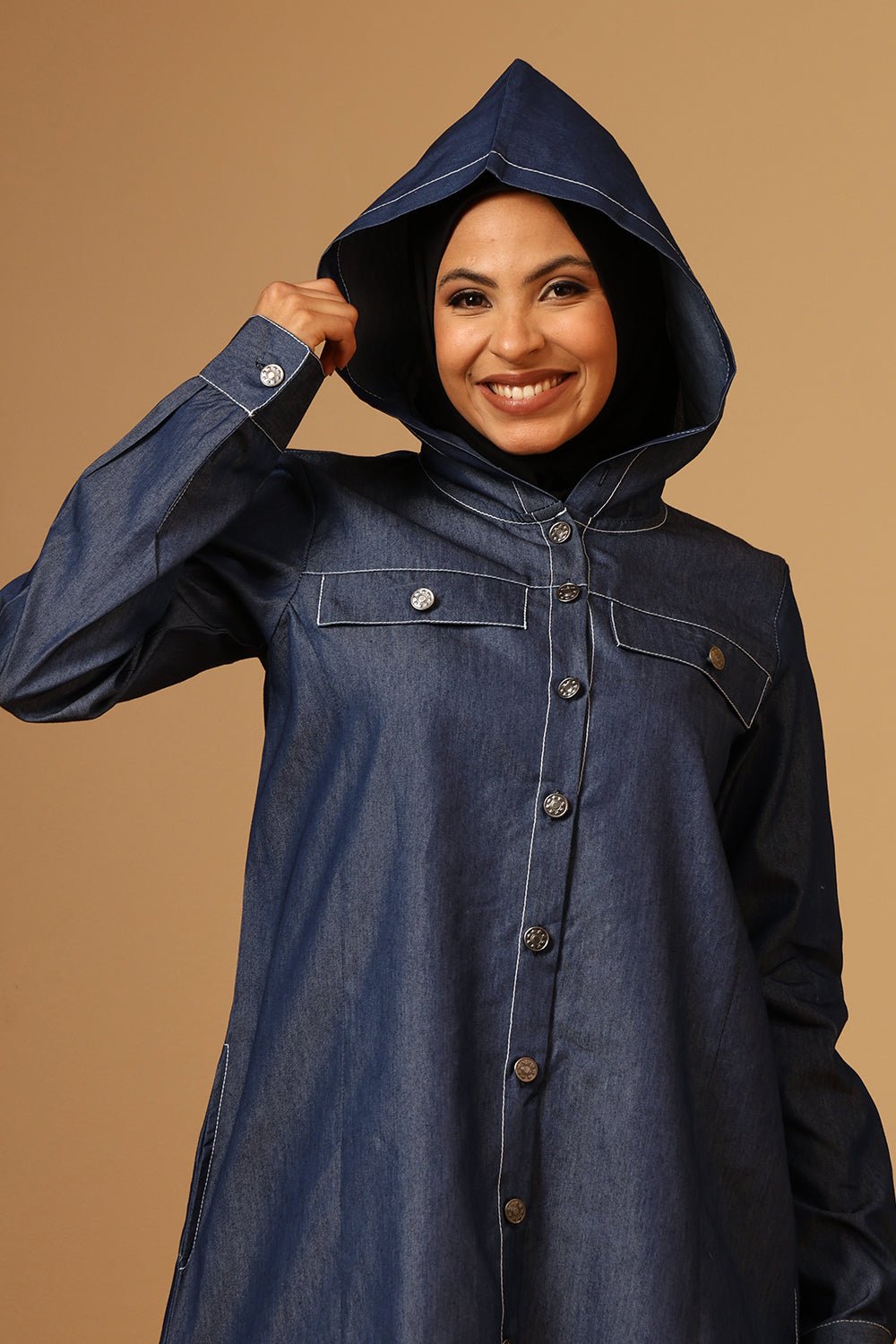 Denim Button - Front Hooded Tunic with Cuffed Sleeves - EastEssence.com