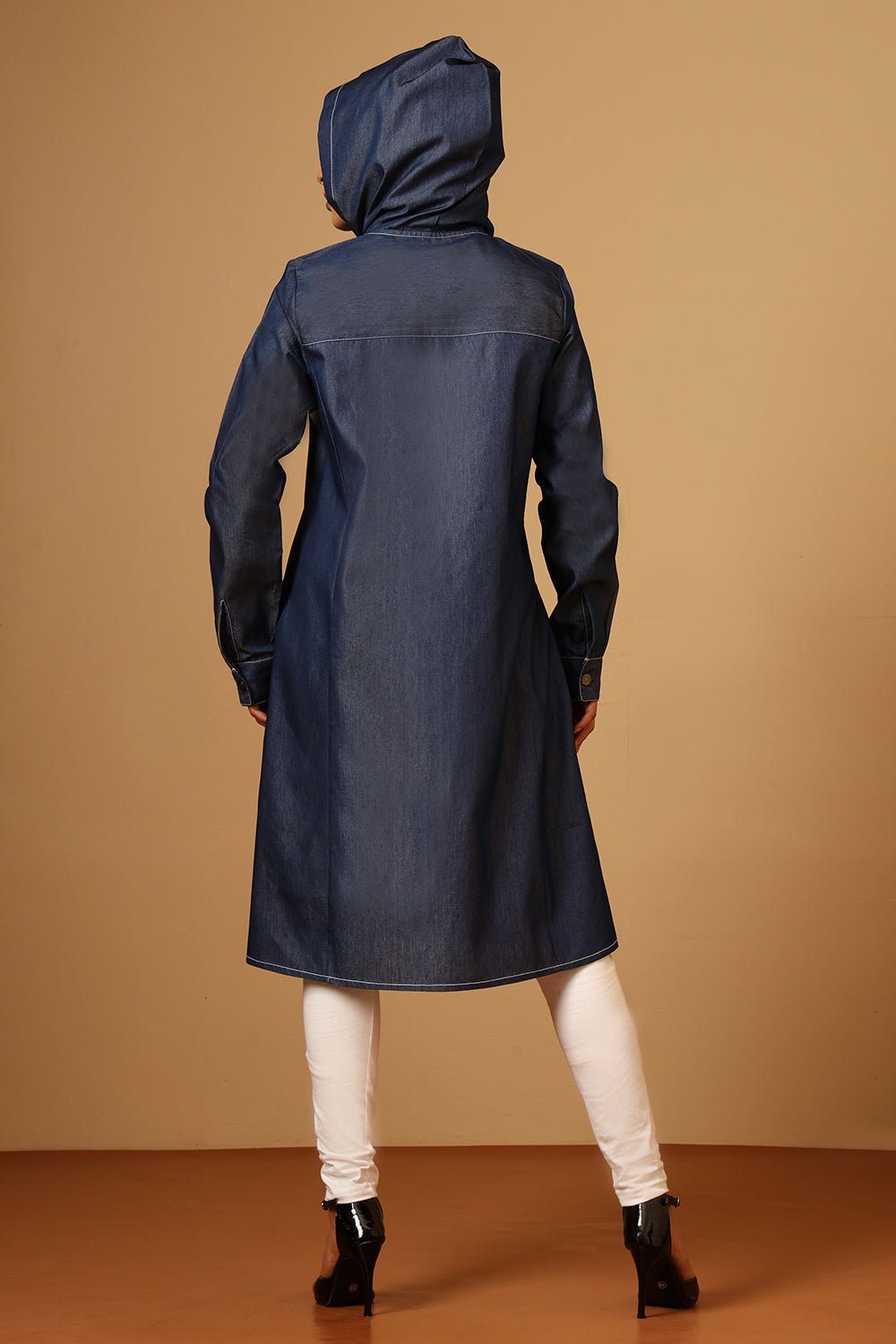 Denim Button - Front Hooded Tunic with Cuffed Sleeves - EastEssence.com
