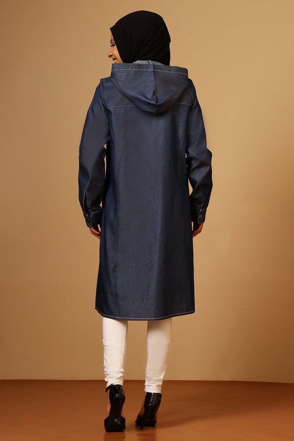 Denim Button - Front Hooded Tunic with Cuffed Sleeves - EastEssence.com