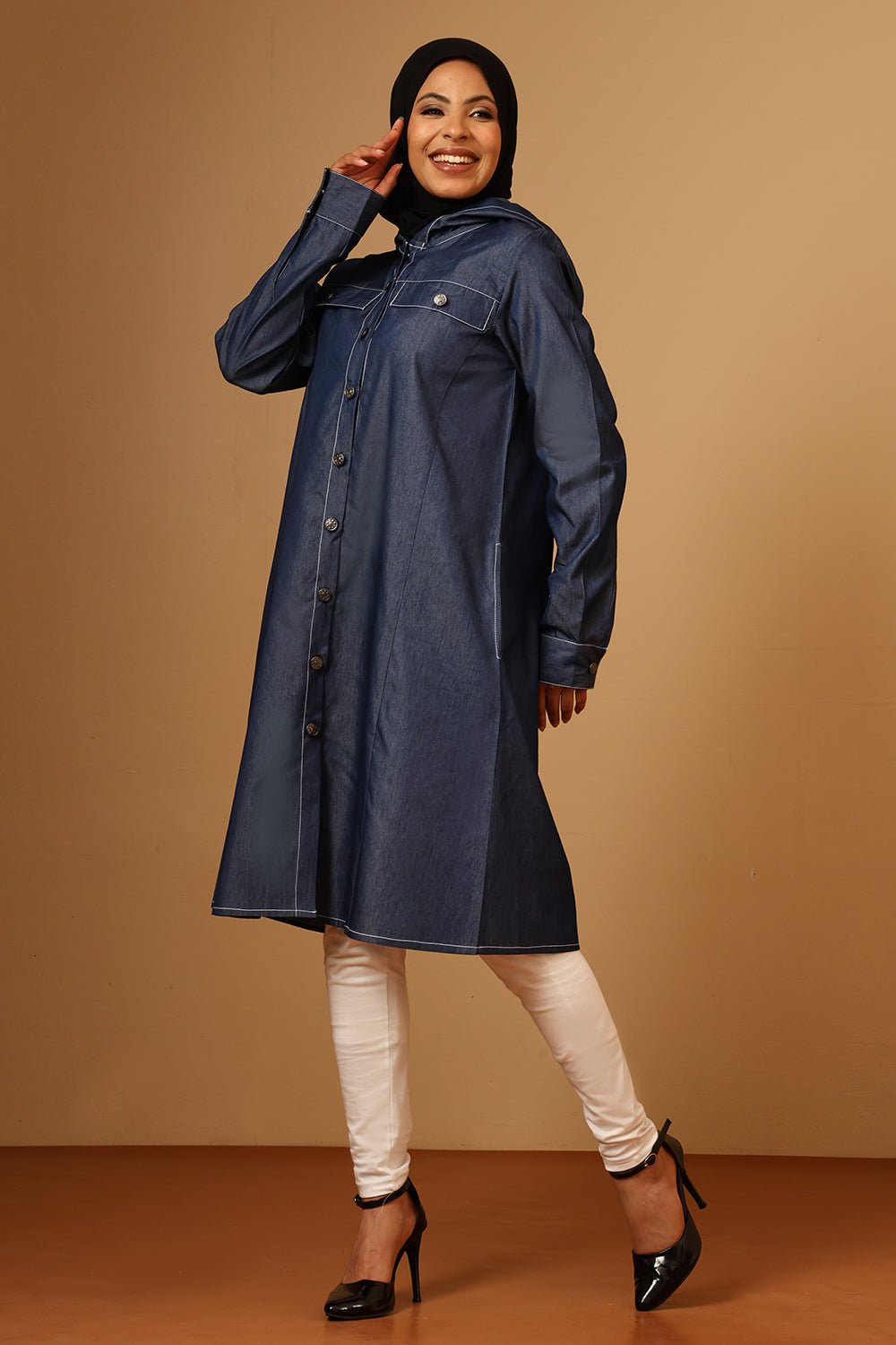 Denim Button - Front Hooded Tunic with Cuffed Sleeves - EastEssence.com