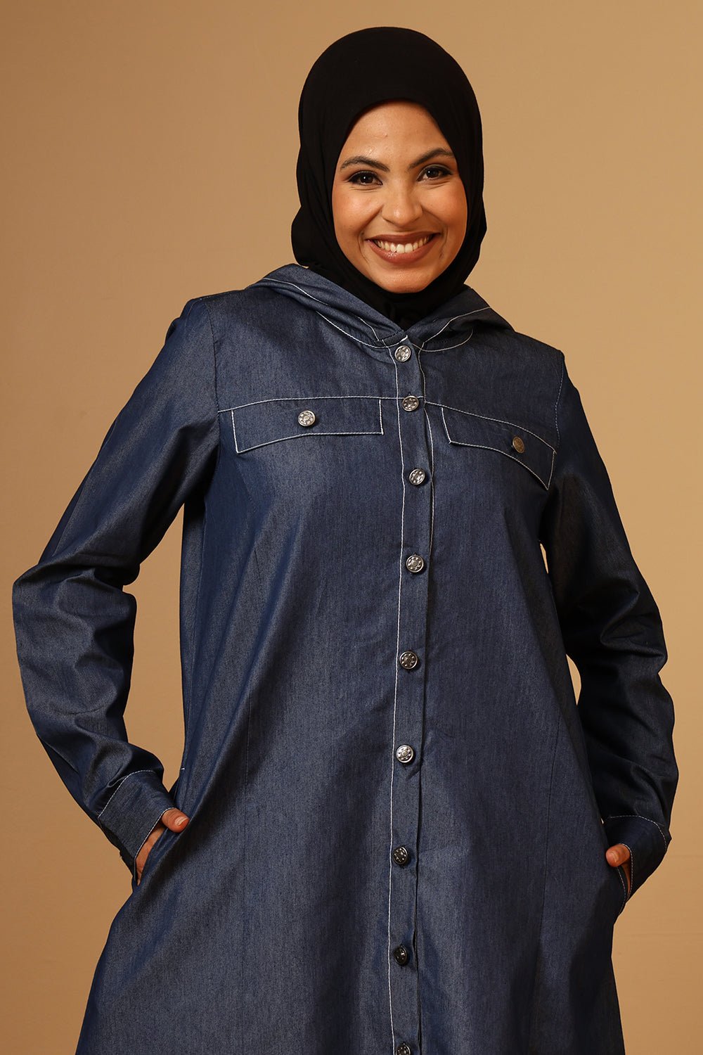 Denim Button - Front Hooded Tunic with Cuffed Sleeves - EastEssence.com