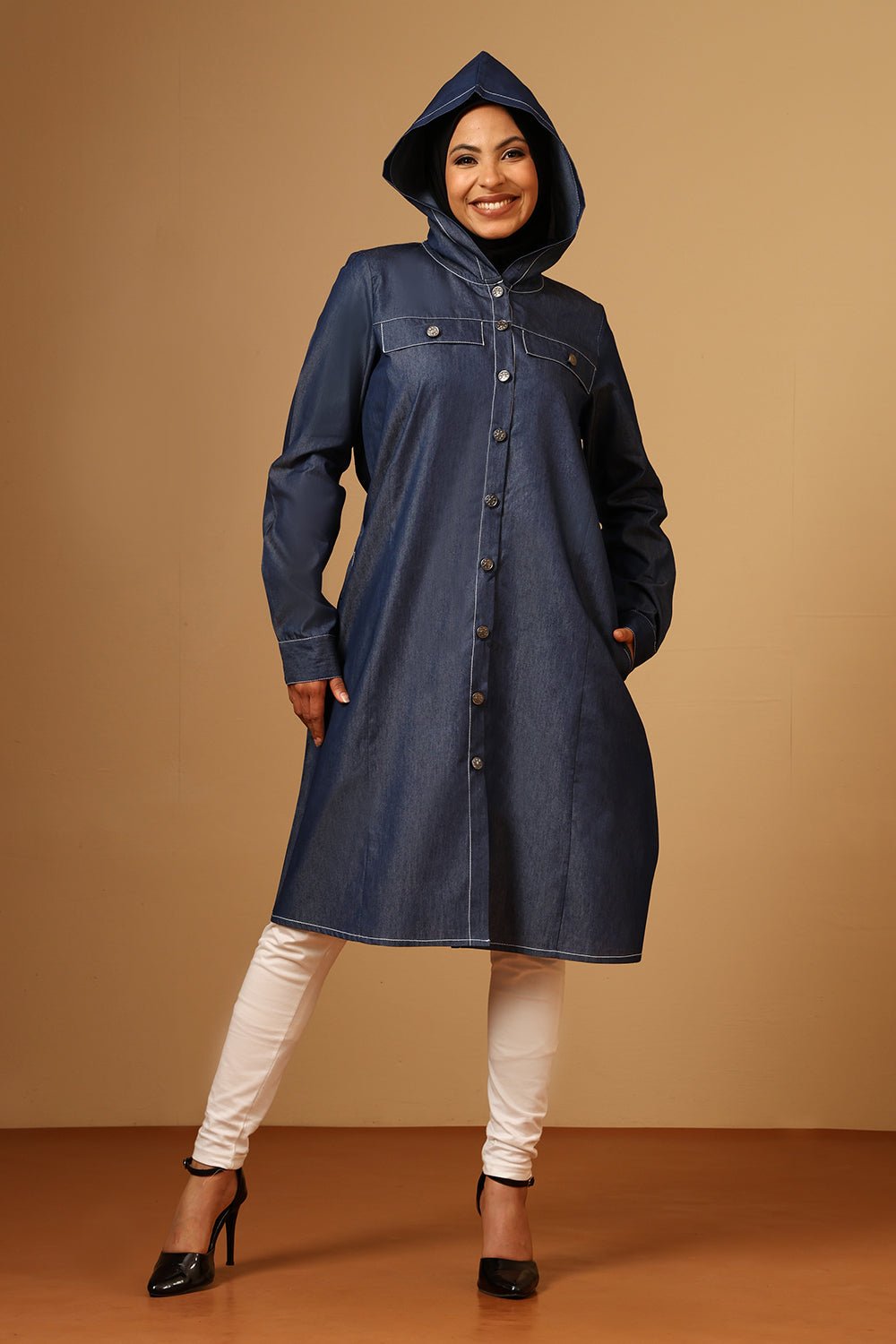 Denim Button - Front Hooded Tunic with Cuffed Sleeves - EastEssence.com