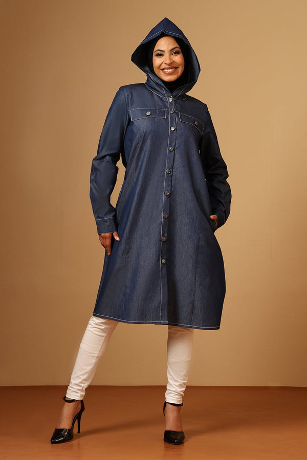 Denim Button - Front Hooded Tunic with Cuffed Sleeves - EastEssence.com