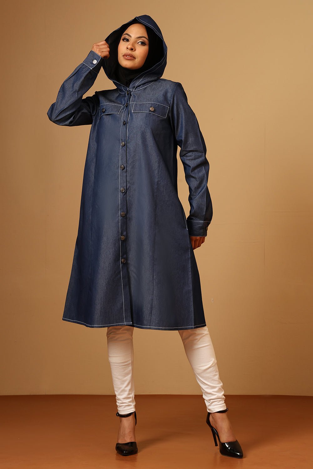 Denim Button - Front Hooded Tunic with Cuffed Sleeves - EastEssence.com