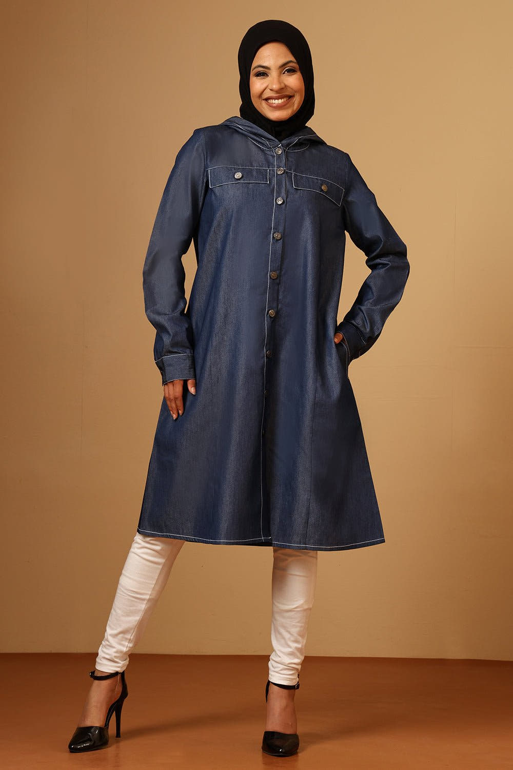 Denim Button-Front Hooded Tunic with Cuffed Sleeves