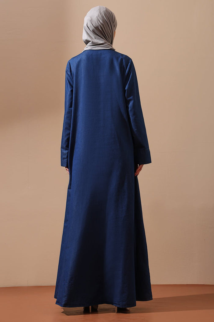 Denim Embroidered Front - Open Abaya with Leaf Motif Detailing - EastEssence.com