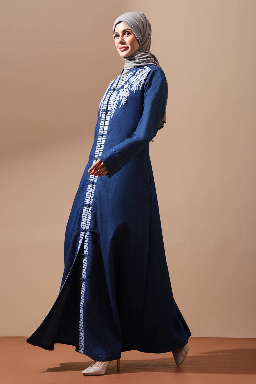 Denim Embroidered Front - Open Abaya with Leaf Motif Detailing - EastEssence.com