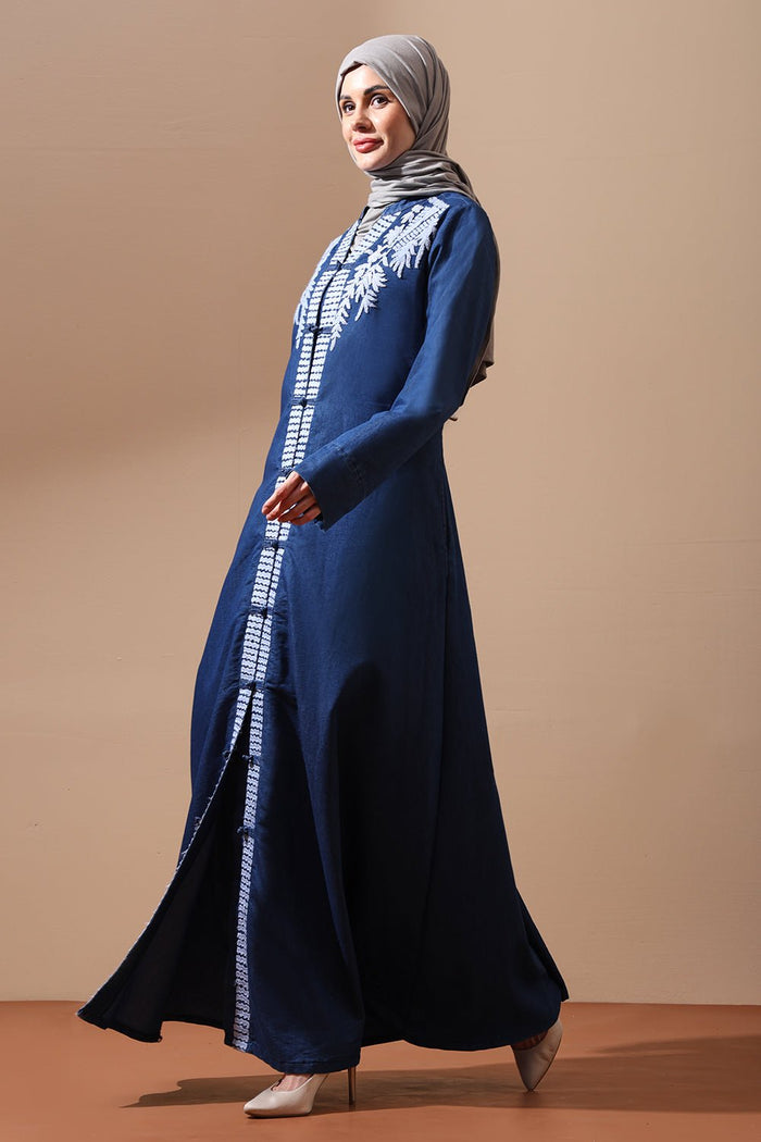 Denim Embroidered Front - Open Abaya with Leaf Motif Detailing - EastEssence.com