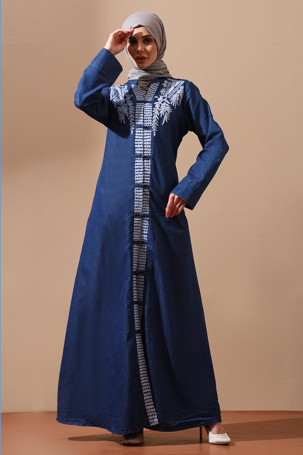 Denim Embroidered Front-Open Abaya with Leaf Motif Detail
