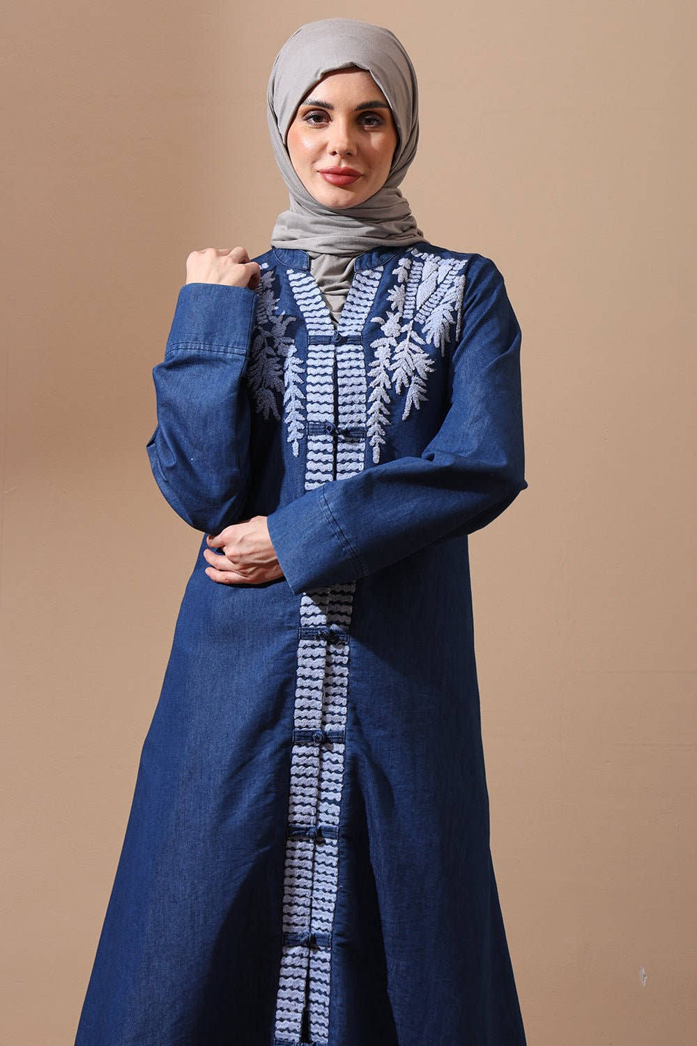 Denim Embroidered Front - Open Abaya with Leaf Motif Detailing - EastEssence.com