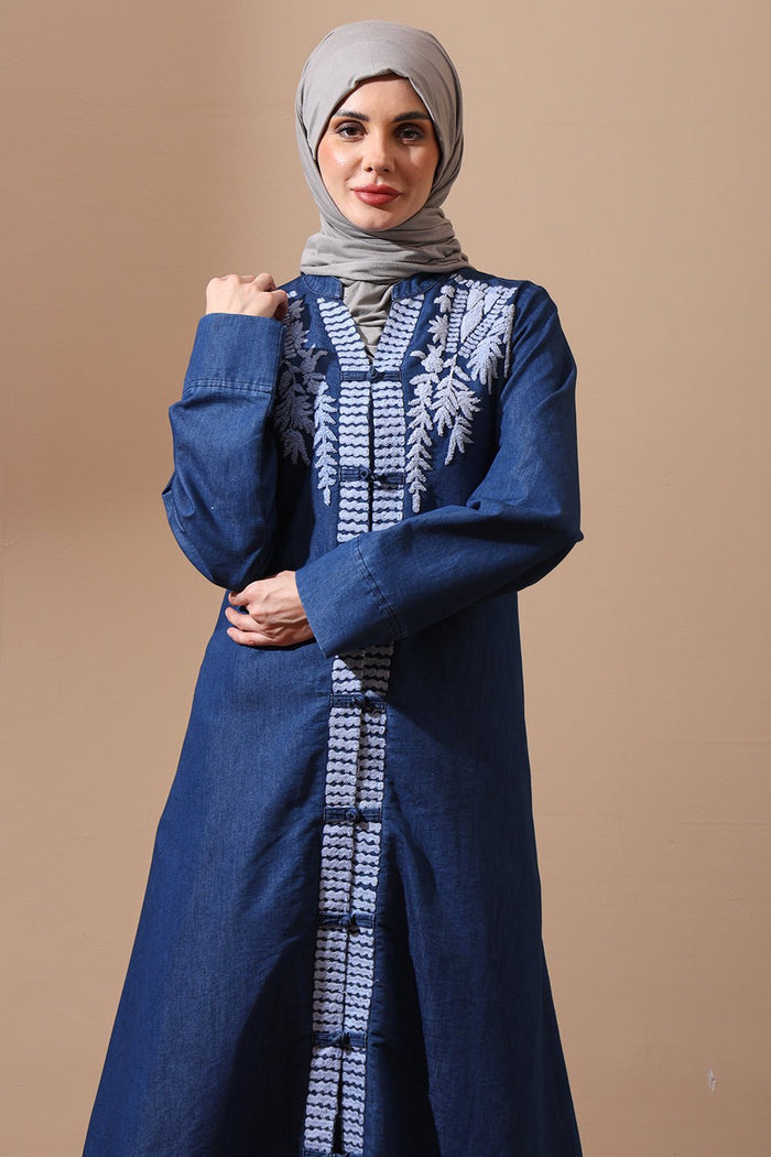 Denim Embroidered Front - Open Abaya with Leaf Motif Detailing - EastEssence.com