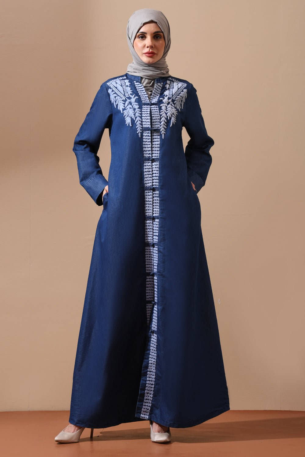 Denim Embroidered Front - Open Abaya with Leaf Motif Detailing - EastEssence.com