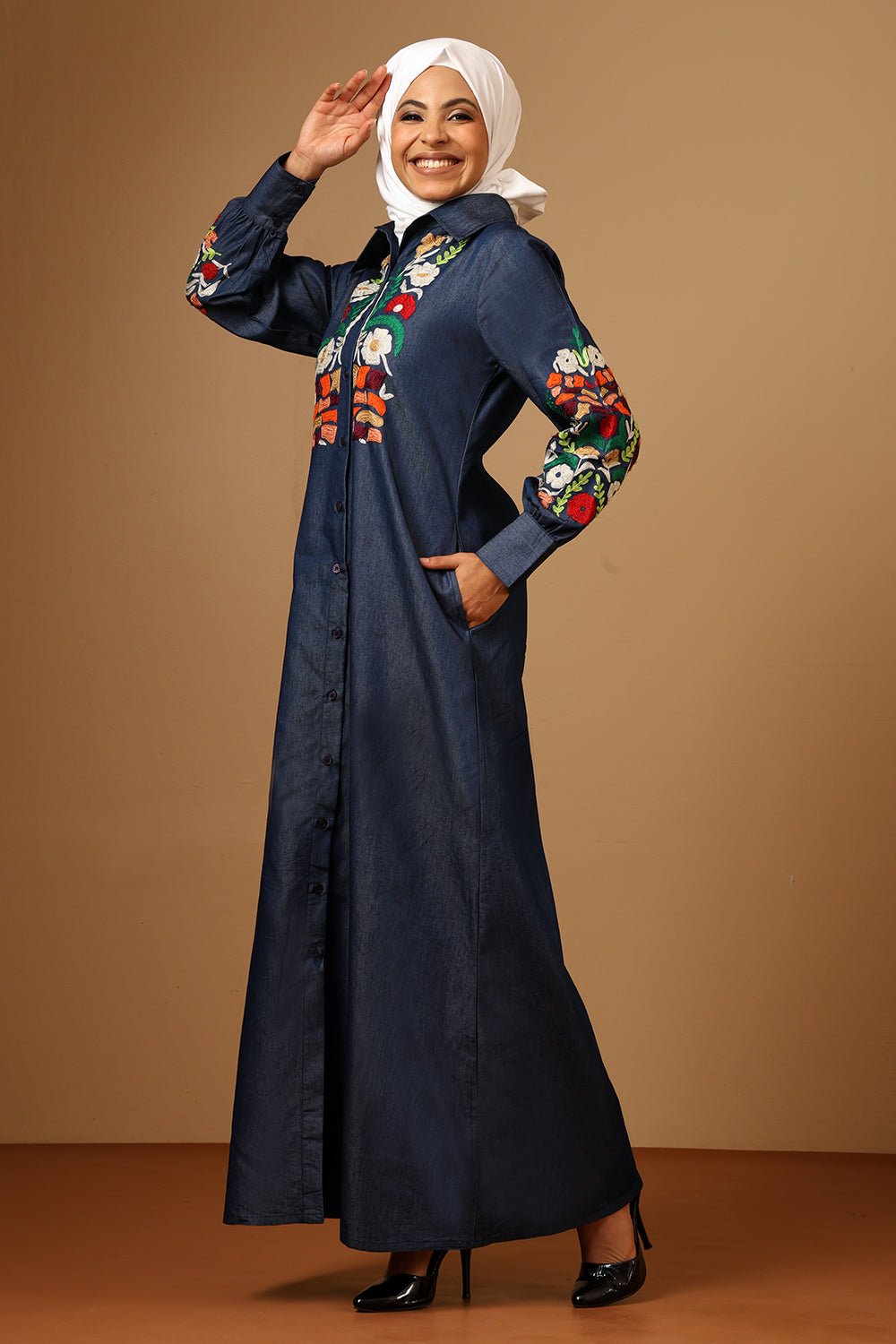 Denim Silk Thread Floral Embroidered Shirt Collar Button - Down Abaya - EastEssence.com