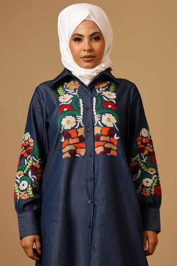 Denim Silk Thread Floral Embroidered Shirt Collar Button - Down Abaya - EastEssence.com