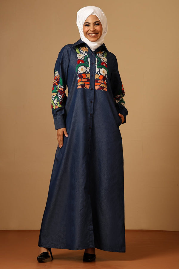 Denim Silk Thread Floral Embroidered Shirt Collar Button - Down Abaya - EastEssence.com