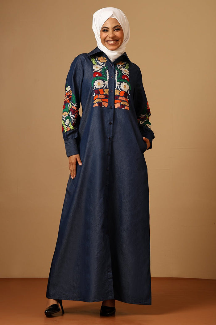 Denim Silk Thread Floral Embroidered Shirt Collar Button-Down Abaya
