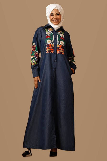Denim Silk Thread Floral Embroidered Shirt Collar Button-Down Abaya - EastEssence.com