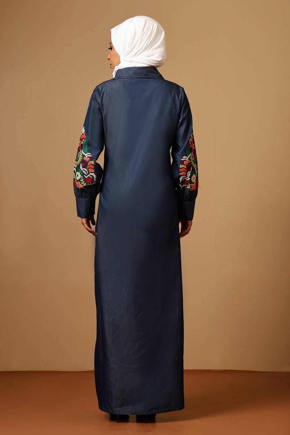 Denim Silk Thread Floral Embroidered Shirt Collar Button - Down Abaya - EastEssence.com