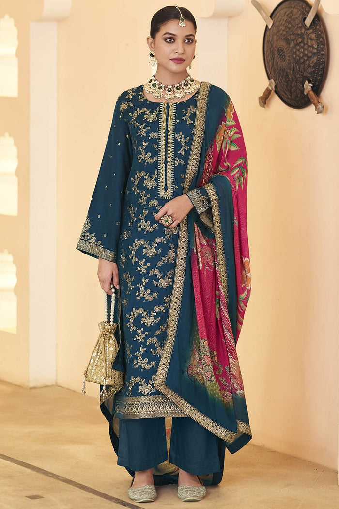 Designer Silk Kurta Set with Cotton Pants & Silk Dupatta - EastEssence.com