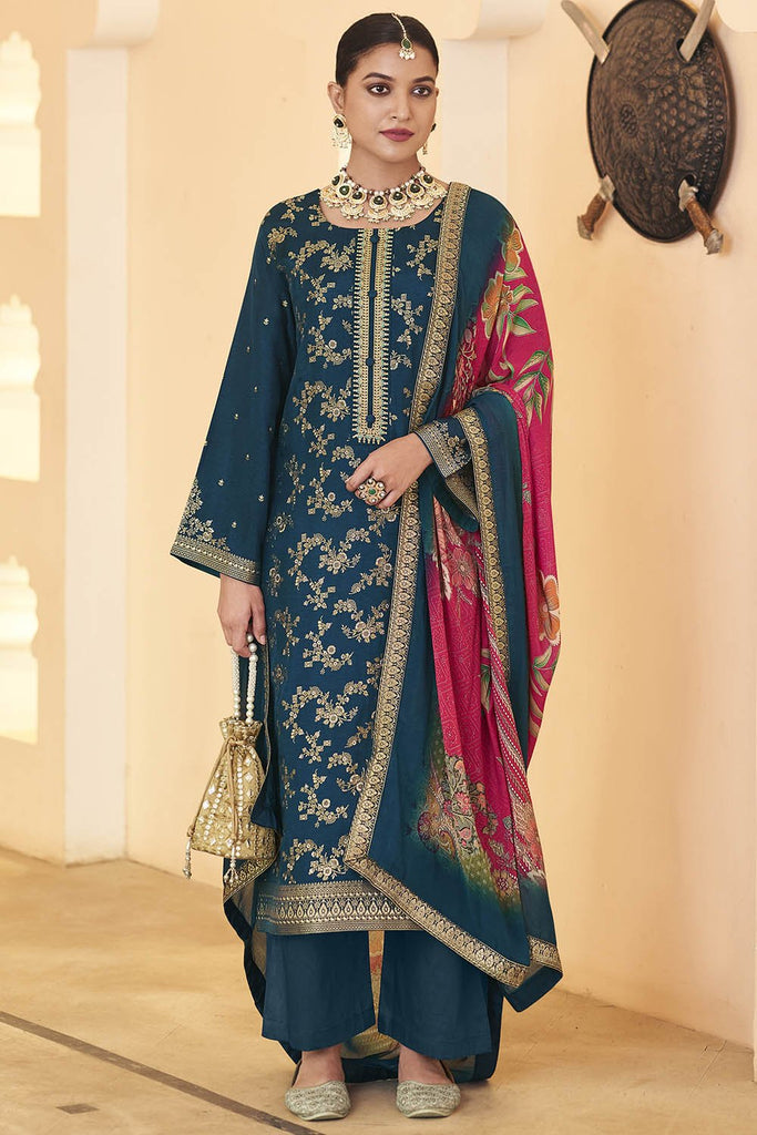 Designer Silk Kurta Set with Cotton Pants & Silk Dupatta - EastEssence.com