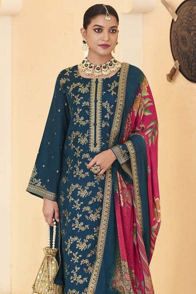 Designer Silk Kurta Set with Cotton Pants & Silk Dupatta - EastEssence.com