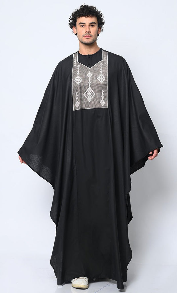 Distinctive Luxury: 2 Pc Embroidered Men's Black Kaftan Set with Pockets - EastEssence.com