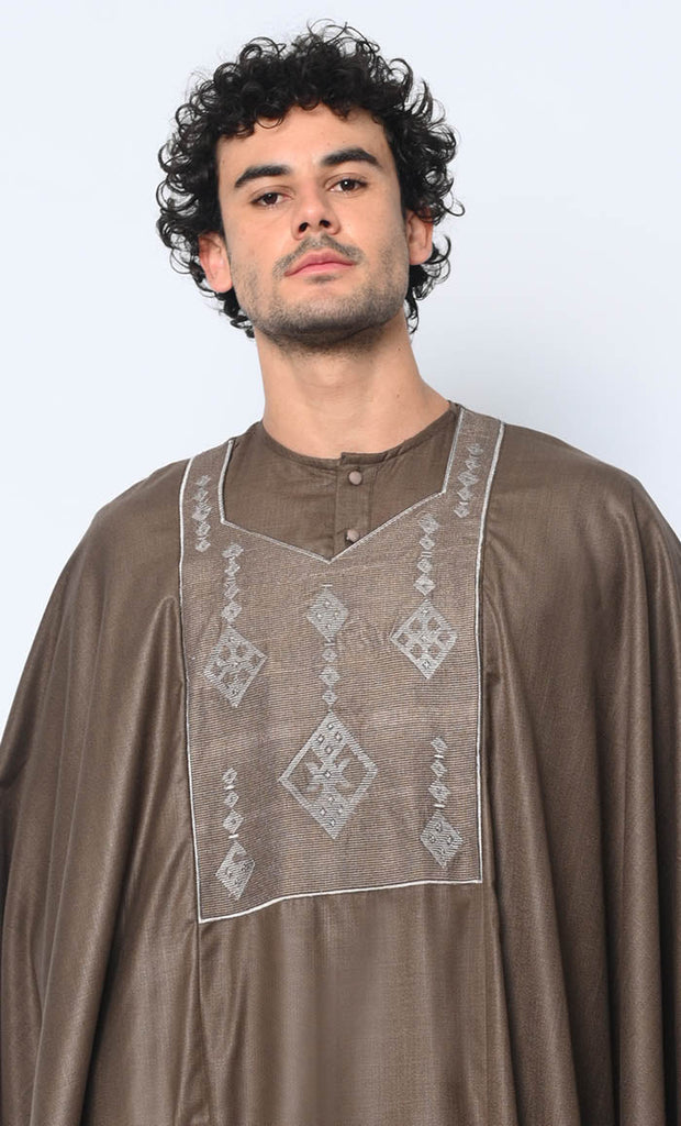 Distinctive Luxury: 2 Pc Embroidered Men's Brown Kaftan Set with Pockets - EastEssence.com