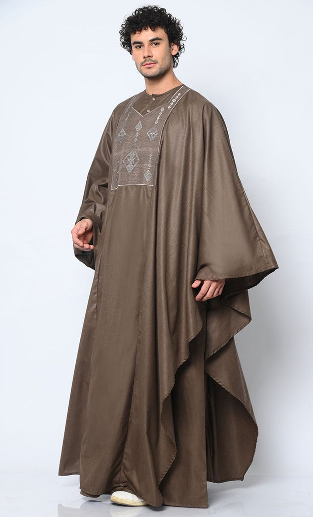 Distinctive Luxury: 2 Pc Embroidered Men's Brown Kaftan Set with Pockets - EastEssence.com