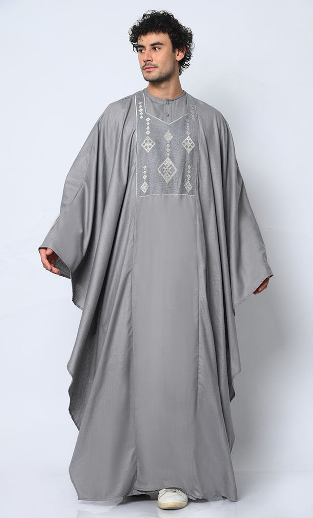 Distinctive Luxury: 2 Pc Embroidered Men's Grey Kaftan Set with Pockets - EastEssence.com