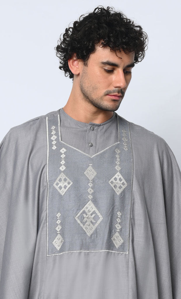 Distinctive Luxury: 2 Pc Embroidered Men's Grey Kaftan Set with Pockets - EastEssence.com