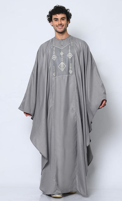 Distinctive Luxury: 2 Pc Embroidered Men's Grey Kaftan Set with Pockets - EastEssence.com