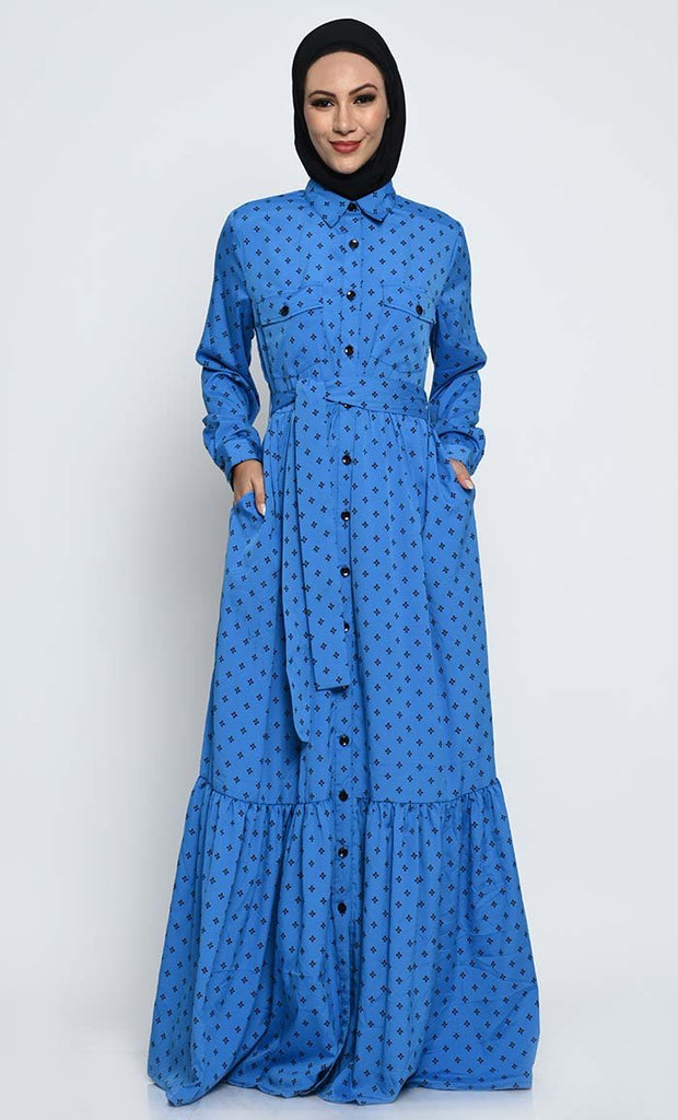 Dot - Printed Rayon Abaya with Adjustable Belt and Pleated Bottom Panel - EastEssence.com