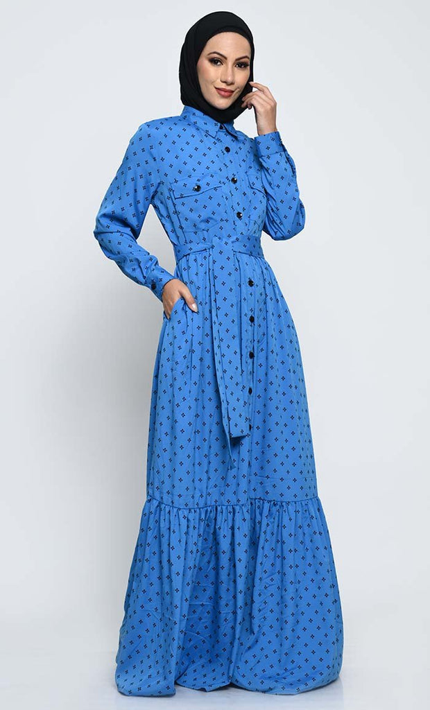 Dot - Printed Rayon Abaya with Adjustable Belt and Pleated Bottom Panel - EastEssence.com