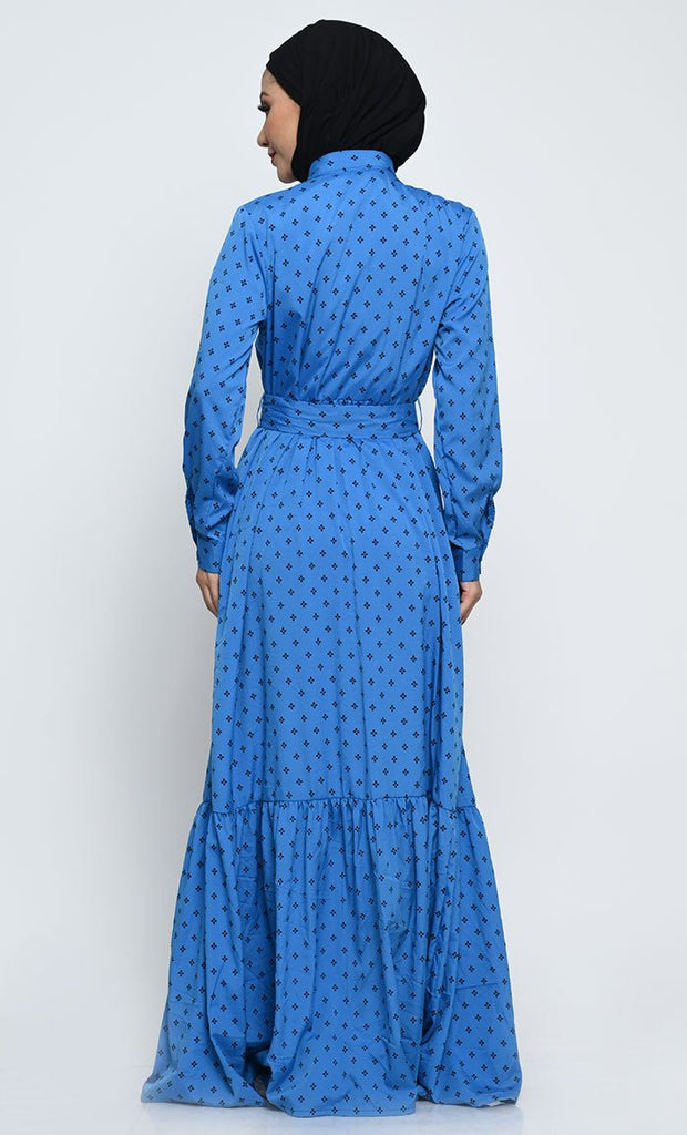 Dot - Printed Rayon Abaya with Adjustable Belt and Pleated Bottom Panel - EastEssence.com