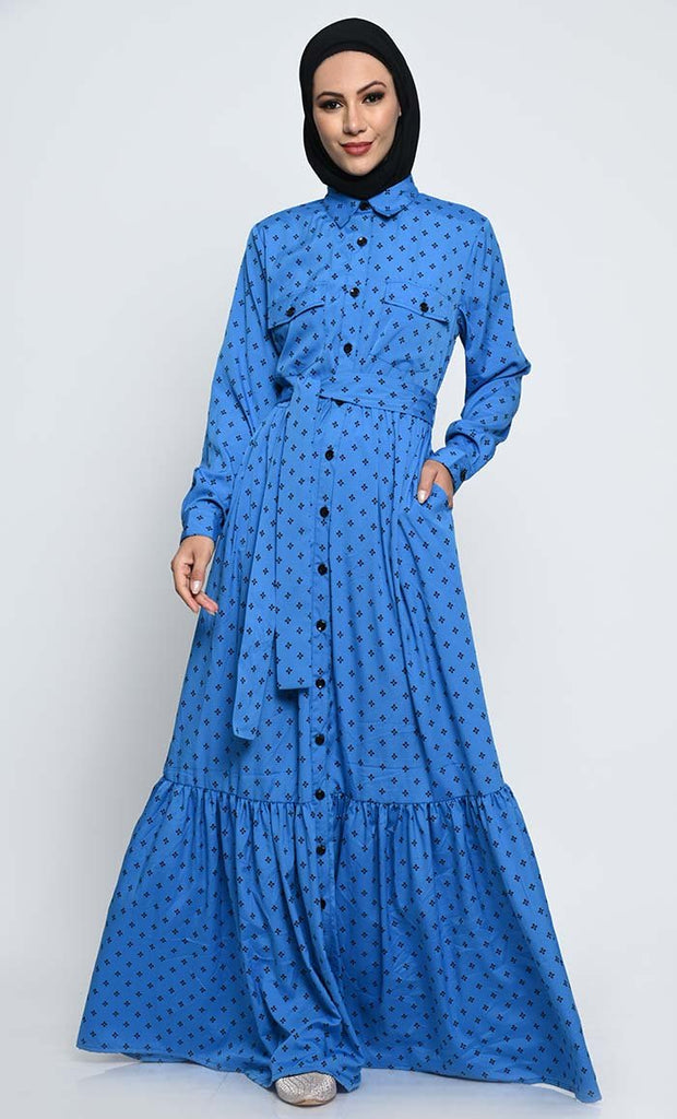 Dot - Printed Rayon Abaya with Adjustable Belt and Pleated Bottom Panel - EastEssence.com