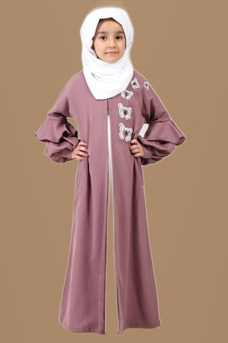 Double-Layered Crepe Abaya with Embroidery & Contrast Inner Lining – Purple - EastEssence.com