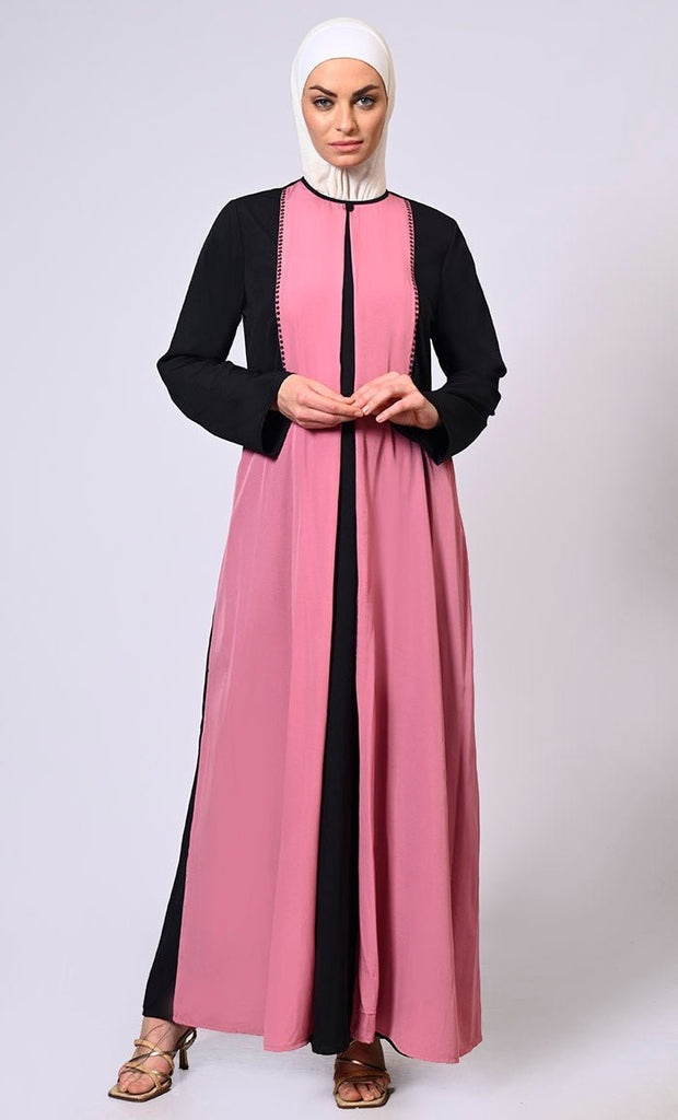 Double Layered Pink Abaya with Sequined Yoke and Front Pockets - Final Sale - EastEssence.com