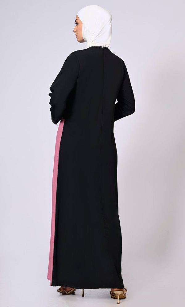 Double Layered Pink Abaya with Sequined Yoke and Front Pockets - Final Sale - EastEssence.com