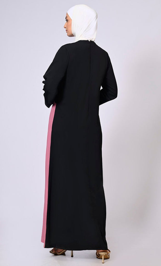 Double Layered Pink Abaya with Sequined Yoke and Front Pockets - Final Sale - EastEssence.com