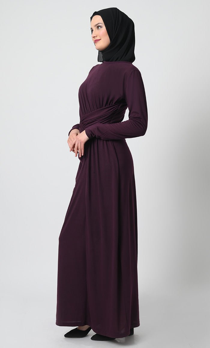 Draped Waist Viscose Jersey Abaya ??Full Sleeves, Round Neck, Back Zipper - EastEssence.com