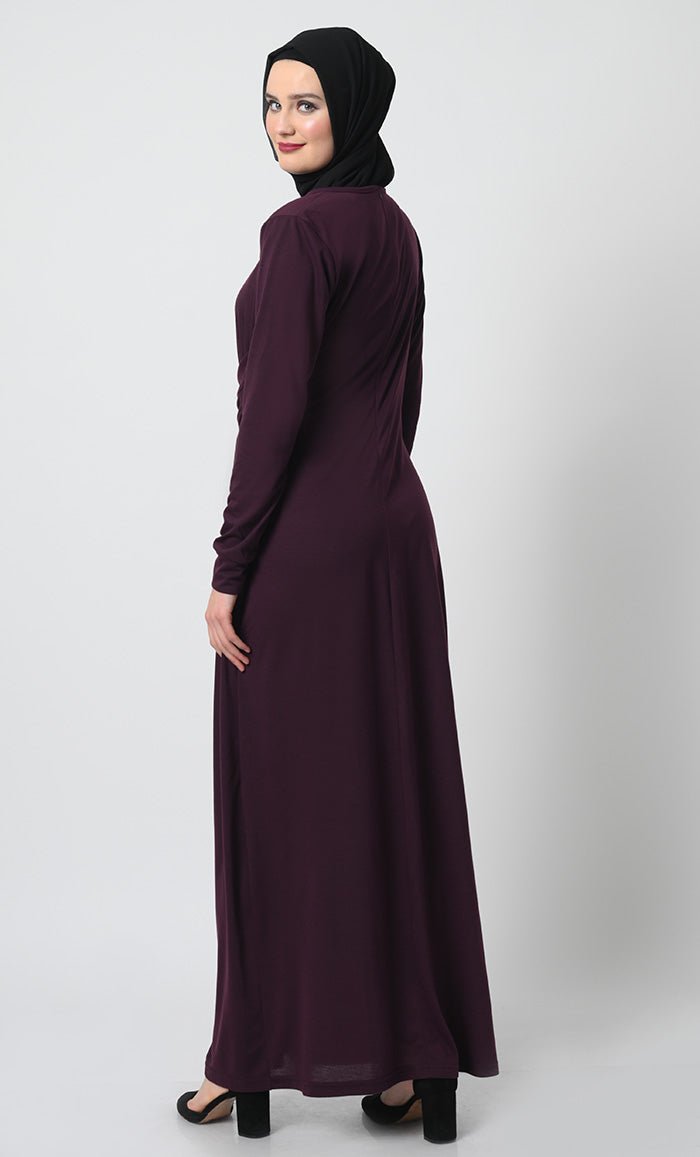 Draped Waist Viscose Jersey Abaya ??Full Sleeves, Round Neck, Back Zipper - EastEssence.com