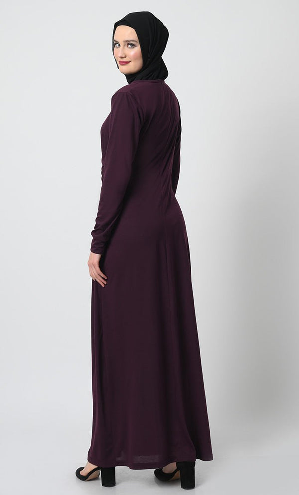 Draped Waist Viscose Jersey Abaya ??Full Sleeves, Round Neck, Back Zipper - EastEssence.com