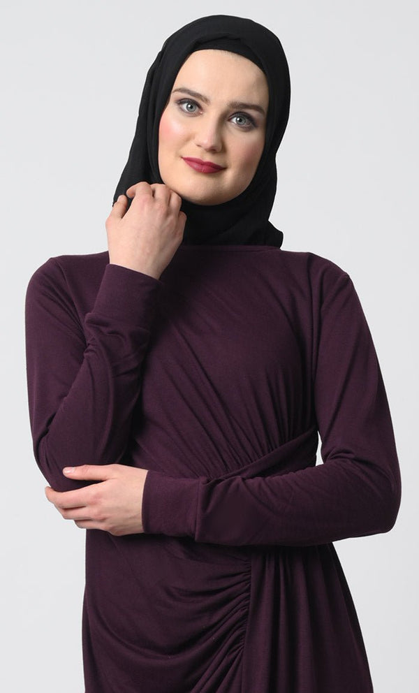 Draped Waist Viscose Jersey Abaya ??Full Sleeves, Round Neck, Back Zipper - EastEssence.com