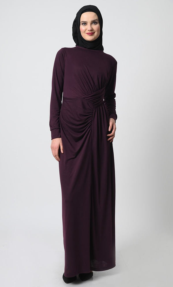 Draped Waist Viscose Jersey Abaya ??Full Sleeves, Round Neck, Back Zipper - EastEssence.com
