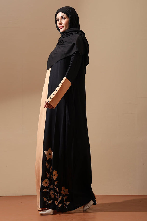 Dual - Tone Beige & Black Floral Embroidered Abaya - EastEssence.com