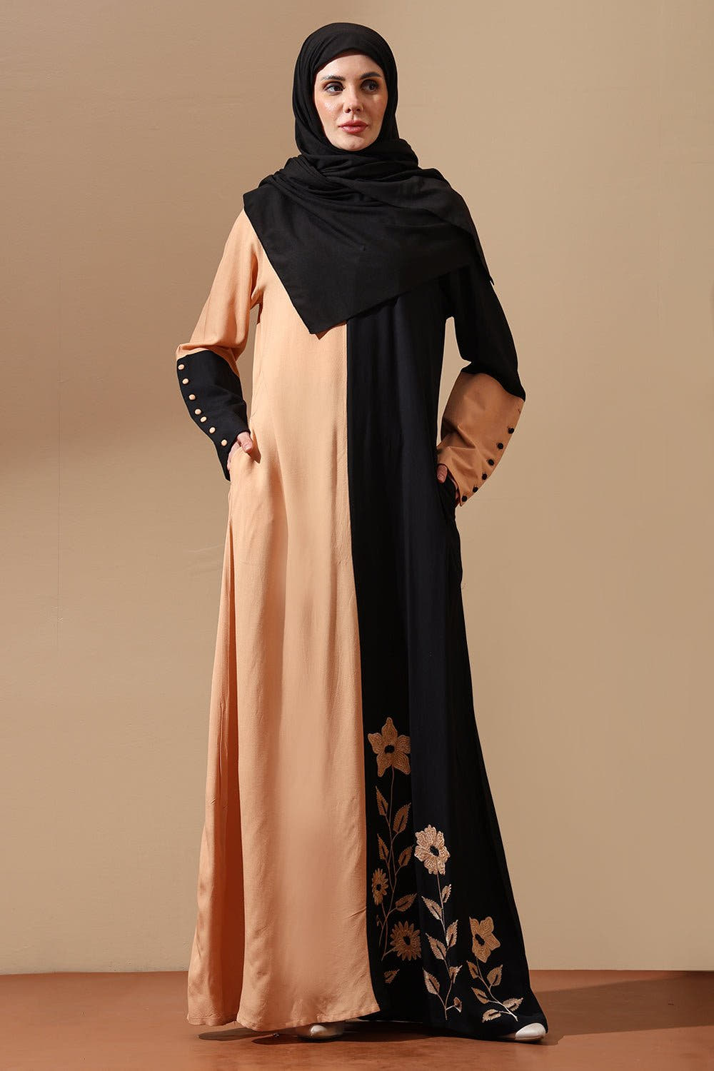 Dual-Tone Beige & Black Floral Embroidered Abaya
