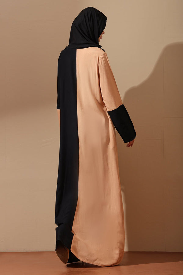 Dual - Tone Beige & Black Floral Embroidered Abaya - EastEssence.com