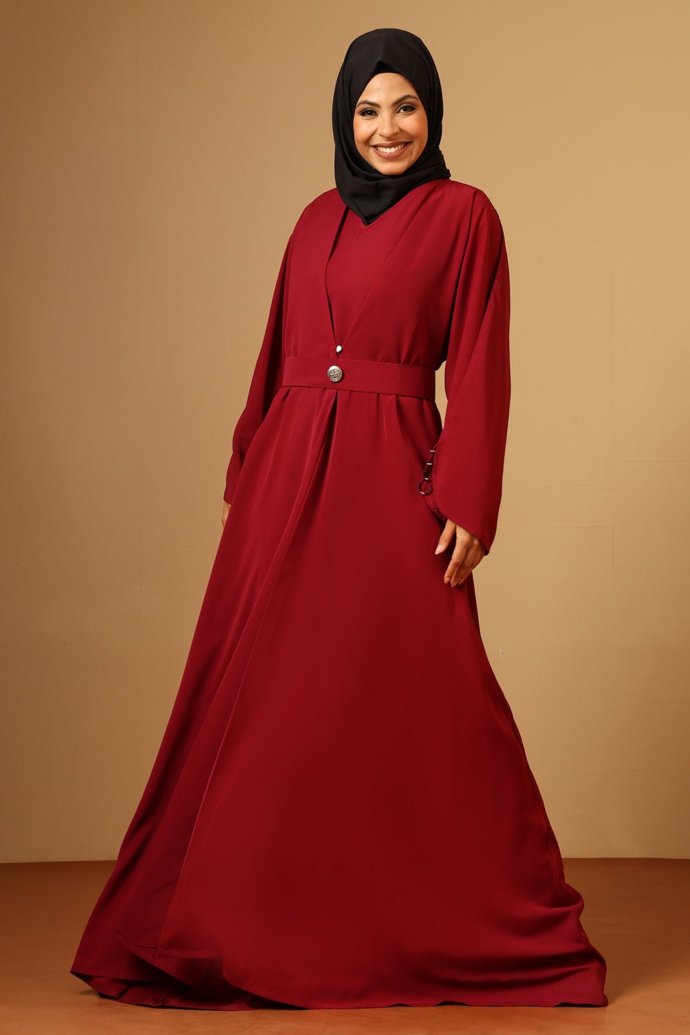 red abaya dress Closed Abaya - FARES - Saffron Red - Floral Cut Out Detail