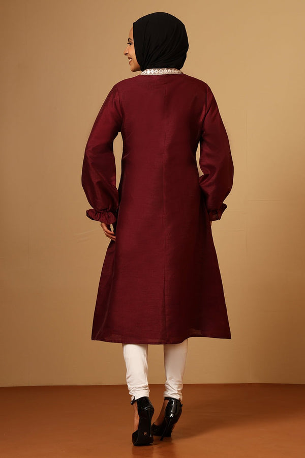 Dupion Silk Puffed Sleeves Tunic with Sequined Lace & Embroidery - EastEssence.com