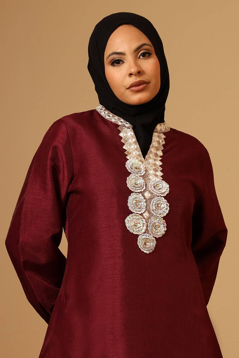 Dupion Silk Puffed Sleeves Tunic with Sequined Lace & Embroidery - EastEssence.com